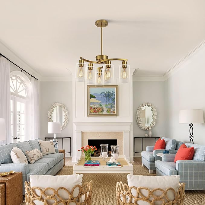 6-Light Gold Chandeliers for Dining Room, Modern Kitchen Island Light Fixtures Over Table, Metal Hanging Pendant Lighting for Living Room Stairwell Entryway Bedroom, Clear Glass Shade-Ruum Studio Home