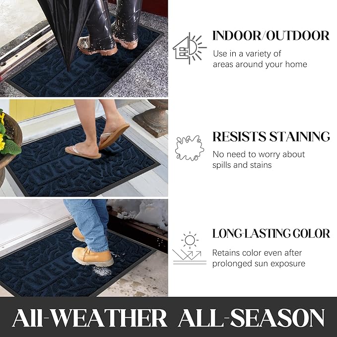 Yimobra Welcome Door Mat Outdoor Indoor, Non Slip Front Doormats, Heavy Duty Rubber Backing, Low-Profile Entrance Mat, Absorbent Resist Dirt, Easy Clean Patio Garage Floor Mats, 29.5 x 17, Blue-Ruum Studio Home