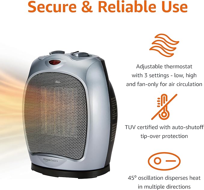 Amazon Basics Oscillating Ceramic Space Heater, Portable Indoor Heating Solution, With Overheat and Tip-Over Protection, Thermostat, 1500W, 7.52"D x 6.34"W x 9.45"H, Silver-Ruum Studio Home
