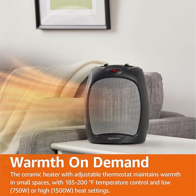 Amazon Basics Ceramic Space Heater, Portable Indoor Heating Solution, With Overheat and Tip-Over Protection, Thermostat, Non-Oscillating, 1500W, 7.52"D x 6.34"W x 9.45"H, Black-Ruum Studio Home