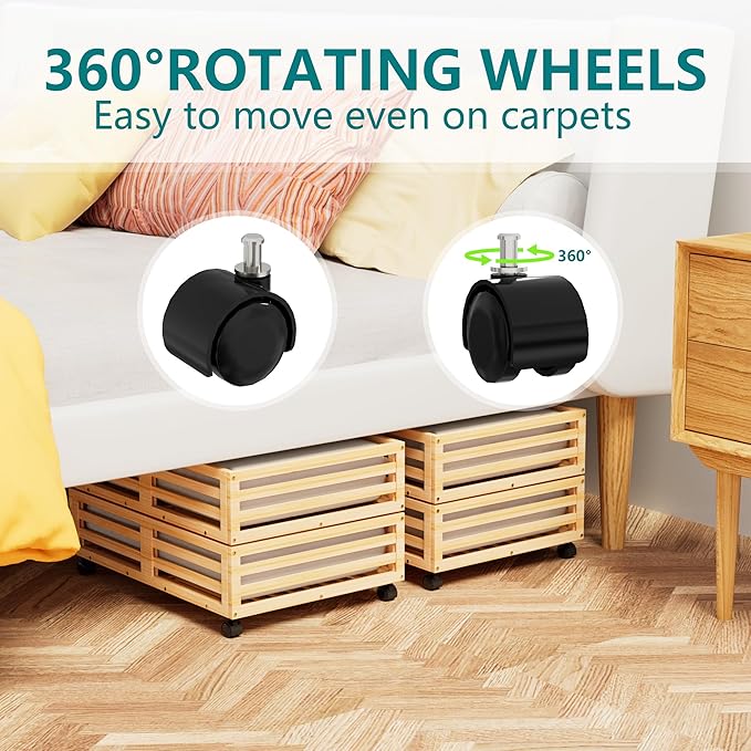 Bamboo Under Bed Storage Containers- Underbed Organizer with Wheels with Large Dust Bag,Sturdy Wood Rolling Under the Bed Shoe Storage Organizer Drawer 2 Packs (Nature, Small)-Ruum Studio Home