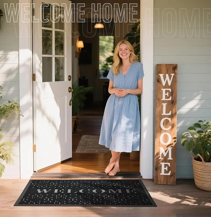 Yimobra Welcome Mat Outdoor Indoor, All-Season Waterproof Front Door Mat Outside Entrance, All-Weather Heavy Duty Non-Slip Doormat, Low Profile Porch Patio Entrance Mats, 47x24, Black-Ruum Studio Home