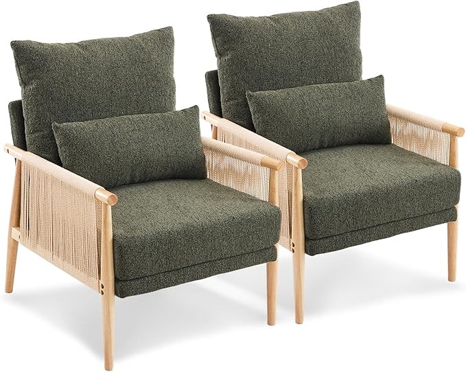VINGLI Boho Braid Accent Armchairs Set of 2,Mid-Century Modern Chiars with Solid Wooden Armrest,Comfy Louge Cushion Chairs with Waist Pillow for Bedroom,Living Room,Reading Room, Dark Green-Ruum Studio Home