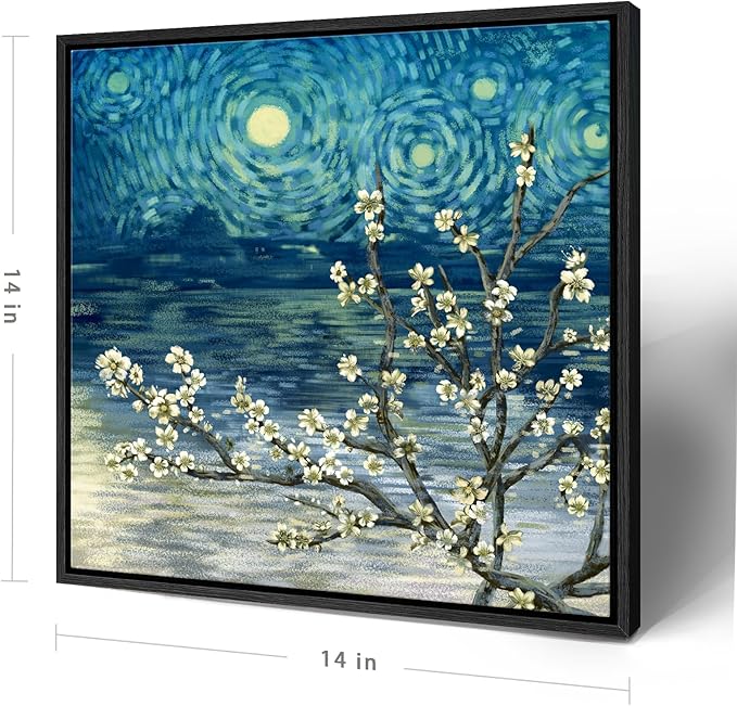 Framed Wall Art Bathroom Décor Modern Floral Tree Canvas Picture Plum Blossom Starry Night Flower Canvas Print Abstract Lake Blue Teal Yellow Painting for Modern Living Room Bedroom Office Décor Small-Ruum Studio Home