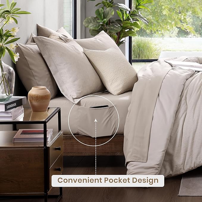 Monbix California King Comforter Set - 7 Pieces Cationic Dyeing Oatmeal Bed in a Bag Cal King Bed Sets with Comforter, Sheets, Pillowcases & Shams, Reversible Bedding Comforters Sets (108 * 92)-Ruum Studio Home