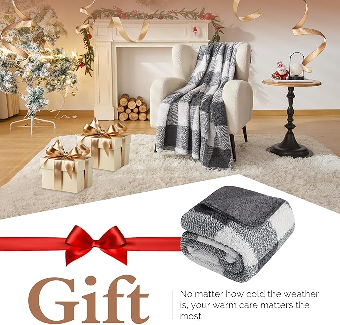 LURKA Checkered Sherpa Fleece Queen-Size Bed Blanket - Extra Thick and Warm Winter Soft Fuzzy Plush Blanket for Couches, Beds & Pets, Smoke Grey, 90x90 Inches-Ruum Studio Home