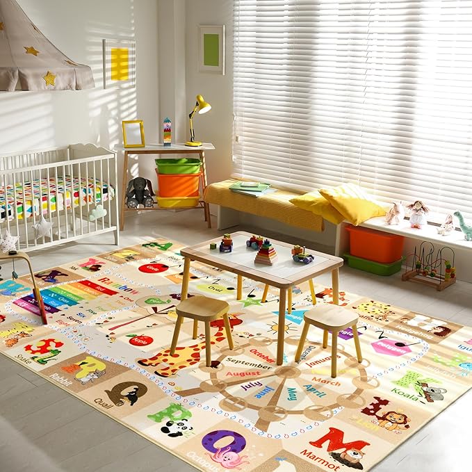 Kids Rugs for Playroom Washable, Educational and Fun Learning Rugs with ABC Alphabet Animals Shapes, Baby Toddler Children's Play Mat for Bedroom Classroom Nursery, 3x5 Feet, Beige and Pink-Ruum Studio Home