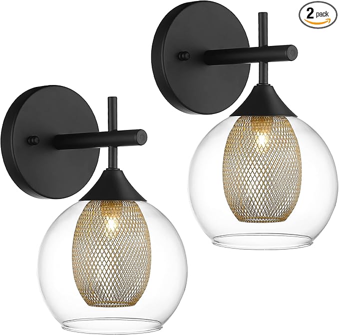 Black Wall Sconce Set of 2, Bathroom Vanity Light Fixture with Clear Glass and Honeycomb Metal Shade, Sconces Wall Lighting for Mirror Bedroom Hallway, AD-22001-1W2-BK-Ruum Studio Home