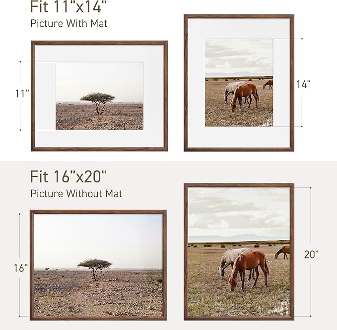 16x20 Picture Frame Set of 4 Natural Solid Walnut Photo Frames with 11x14 Removable Mat Wall Hanging Large Handcrafted Frame with HD Plexiglass Wall and Tabletop Display Large Poster Frame-Ruum Studio Home