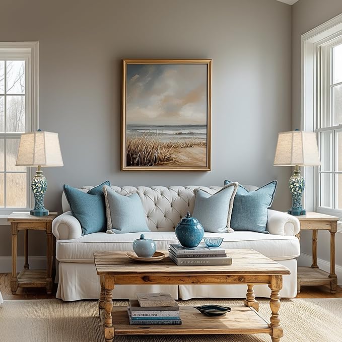 25'' Farmhouse Table Lamps Set of 2 for Living Room Bedroom, 2 USB Ports Coastal Vintage Table Lamp with Nightlight, Blue Green Hollow Out Resin Lamp for End Table (Bulbs Included)-Ruum Studio Home