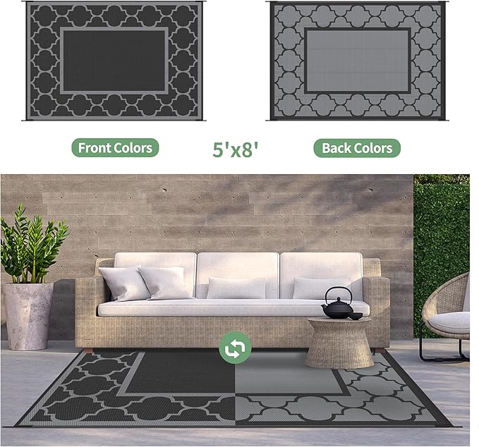 GENIMO 5' x 8' Outdoor Rug Waterproof for Patio Decor, Foldable Reversible Plastic Straw Area Rugs Mat for Camper, Outside Carpet for Rv, Deck, Porch, Picnic, Beach, Balcony, Black & Grey-Ruum Studio Home