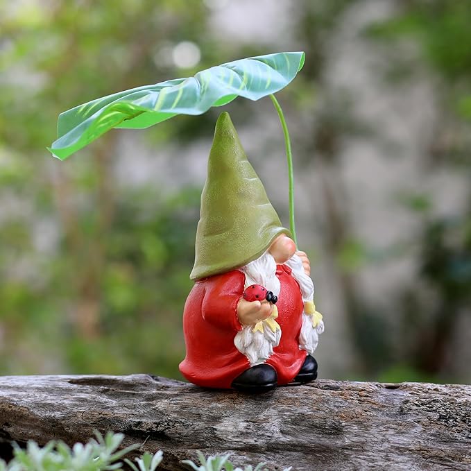 Garden Female Gnome Statue Decoration with Leaf Umbrella, 7.5” Figurine Ornament for Indoor Outdoor Home Patio Yard Lawn, for Gnome Lovers & Garden Enthusiasts，Mom，Women-Ruum Studio Home