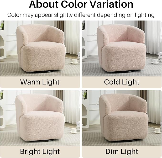 Swivel Accent Chair, Sherpa Teddy Barrel Chair for Living Room, Cozy Round Boucle Arm Chair, Metal Base for Club Nursery Bedroom, Light Blush Pink-Ruum Studio Home