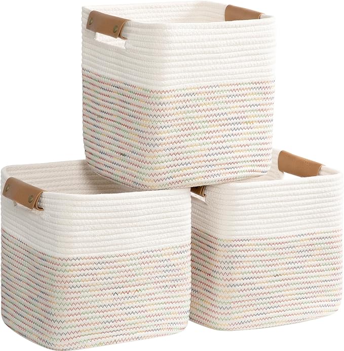 danpinera 11"x11" Storage Cubes, Soft Boho Storage Basket with Neat Stitching, 3-Pack Cube Storage Organizer, Woven Baskets for Storage in Living Room, Kids Room, Bedroom, Rainbow-Ruum Studio Home