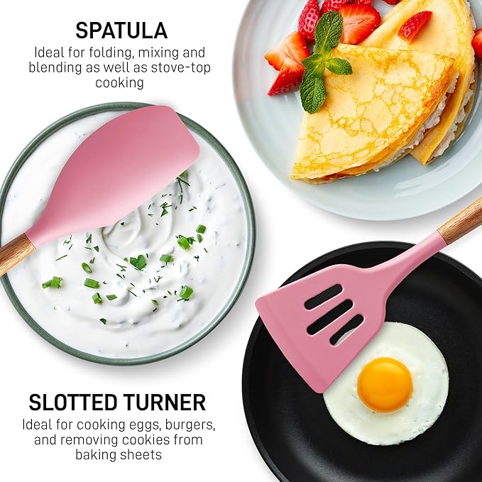Zulay Kitchen Non-Stick Cooking Utensils Set with Authentic Acacia Wood Handles – 5-Piece Durable & Stylish Silicone Kitchen Utensils Set – Heat Resistant to 464°F – Pink-Ruum Studio Home