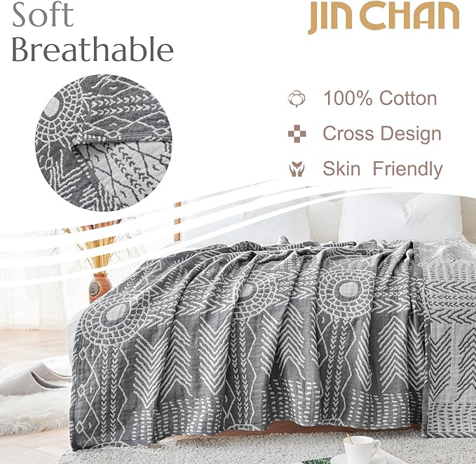 JINCHAN Boho 100% Cotton Muslin Blanket 3-Layer Twin Size Geometric Lightweight Reversible Soft Cozy Throw for Couch Sofa Bed All Season Coverlet Ideal Gift Bedroom Living Room Decor Grey 60x80 Inches-Ruum Studio Home