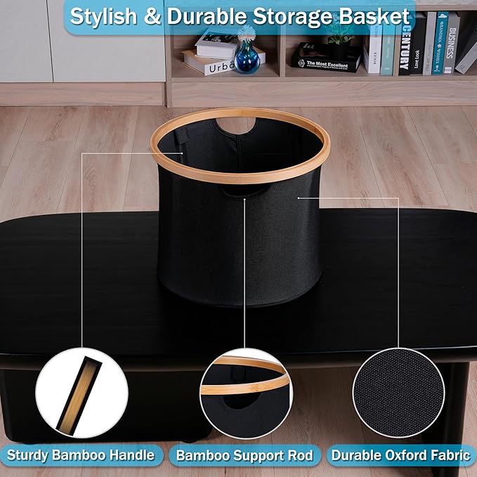 efluky Storage Baskets for Organizing, Fabric Storage Bins with Bamboo Handles, Collapsible Storage Baskets for Shelves and Closet,Medium, Black Set of 2-Ruum Studio Home