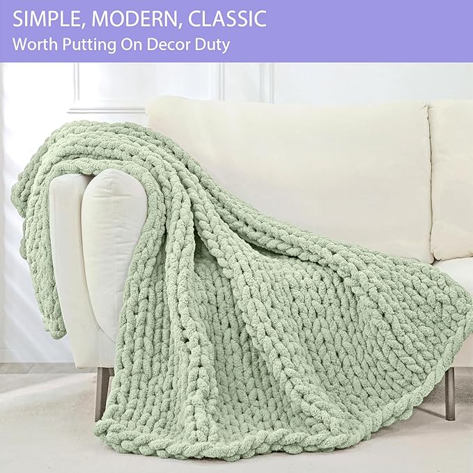 Bigacogo Chunky Knit Throw Blanket for Couch, 40x60 inches, 100% Hand Knitted with Thick Jumbo Chenille Yarn, Cozy Soft Large Rope Knot Cable Crochet Blankets for Sofa Bed Living Room, Sage Green-Ruum Studio Home