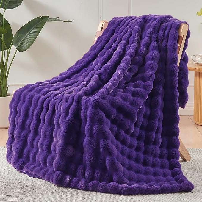 NEWCOSPLAY Faux Fur Twin Blanket Purple Bubble Blanket Thick Warm Soft for Couch Sofa Bed 550GSM (Purple, Twin(60"x80"))-Ruum Studio Home