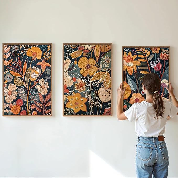 SIGNINART Orange Floral Framed Canvas Wall Art Set of 3, Mid Century Modern Flower Wall Decor, Neutral Plant Artwork, Boho Botanical Art Prints for Bedroom Living Room Office 16"x24"x3-Ruum Studio Home