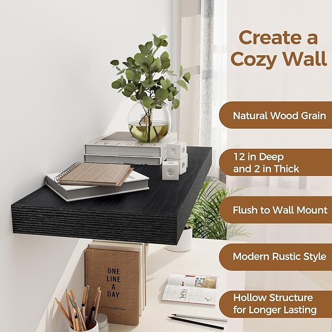 12 Inch Deep Black Floating Shelves, 24 x 12 Floating Shelf for Books, Rustic Wood Deep Wall Shelves for Home Storage & Display, 2" Thicked Shelves for Kitchen, Living Room, Bedroom, 1 Pack-Ruum Studio Home
