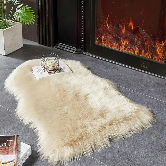 AMTOVO Faux Fur Rug, Beige Small Area Rug, Fluffy Sheepskin Rug, Fuzzy Ultra Soft 2 x 3 ft Shag Rugs for Bedroom Sofa Throw Cushion Room Decor, Sheepskin-Ruum Studio Home