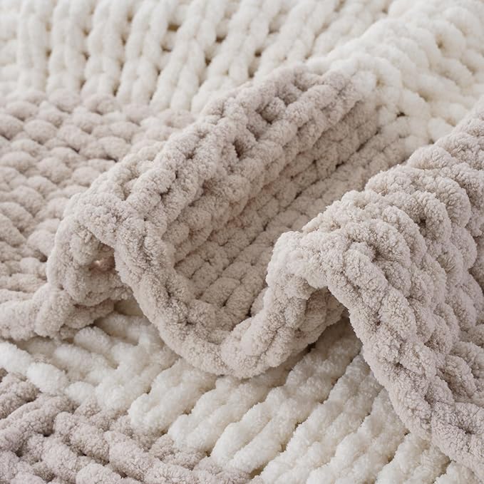 Battilo Chunky Knit Throw Blanket, Soft and Thick Chenille Throw Blanket, 50"x60" Handmade Cable Knit Crochet Blanket, Large Rope Knot Throw Blankets for Couch Sofa Bed Home Decor, Beige & White-Ruum Studio Home