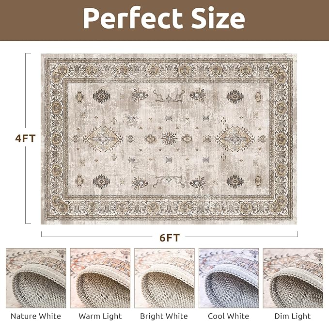 AMOAMI-Vintage Area Rug 4x6 Brown Rugs for Living Room-Soft Living Room Rug Non Slip Rugs for Bedroom Carpet Machine Washable Rug for Dining Room Bedside Office Room Decor-Ruum Studio Home