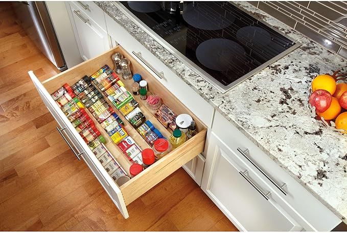 Rev-A-Shelf 22" 3 Tiered Seasoning Organizer, Trim-to-Fit Wooden Kitchen Draw and Cabinet Home Storage Insert, Pull Out Spice Rack, Maple, 4SDI-24-Ruum Studio Home