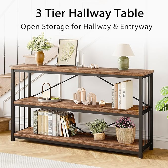 LVB Industrial Console Entryway Table, Metal Wood Rustic Sofa Table with Storage, Farmhouse 3 Tier Shelf Long Hallway Foyer Entry Tables Behind Couch for Home Living Room Entryway, Rustic Brown, 55 In-Ruum Studio Home