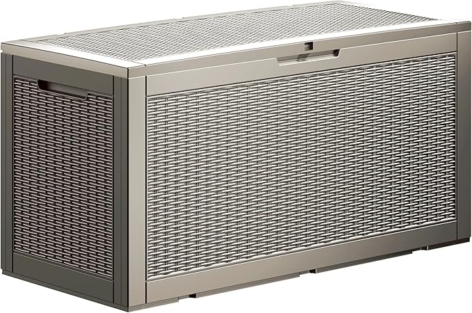 100 Gallon Lockable Resin Deck Box, Waterproof & UV-Resistant Outdoor Storage Box for Outdoor Cushion Storage, Garden Tools & Pool Accessories Storage, Gray-Ruum Studio Home
