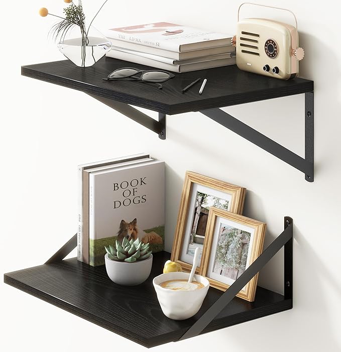Fun Memories Deep Floating Shelves for Wall, 12 Inch Deep Black Floating Shelves Set of 2, 16" W x 12" D Wall Shelf, Wide Display Ledges Shelves for Bedroom, Bathroom, 12 Deep Bookshelf Wall Mounted-Ruum Studio Home