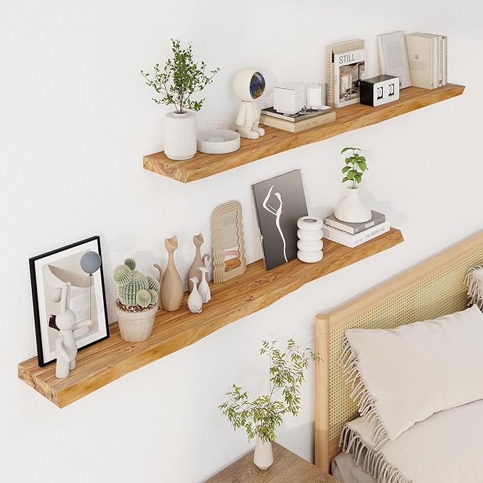 Axeman 55 inch Floating Shelves for Wall - 8'' D Live Edge Rustic Solid Elm Wood Floating Shelves Wall Mounted, Hanging Shelves with Invisible Bracket for Living Room Bedroom Kitchen, Natural-Ruum Studio Home
