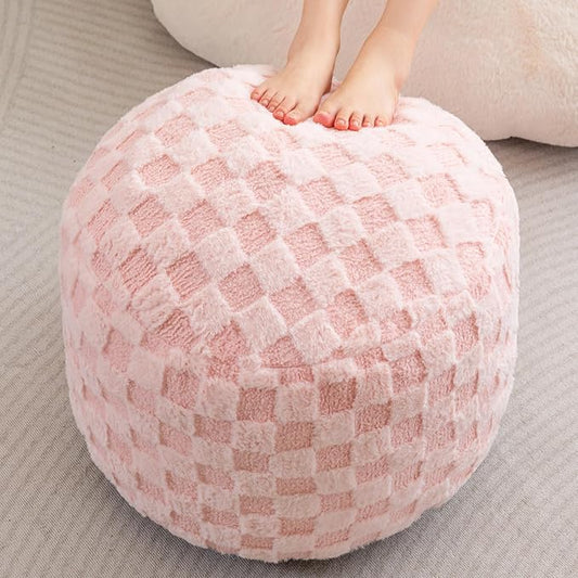 HIGOGOGO Round Stuffed Pouf Ottoman, Plaid Poufs with Foam Chunk Filling, Fluffy and Furry Pouf Foot Stool Storage Ottoman, 20 X 15 Floor Poufs Foot Rest for Living Room, Pink-Ruum Studio Home
