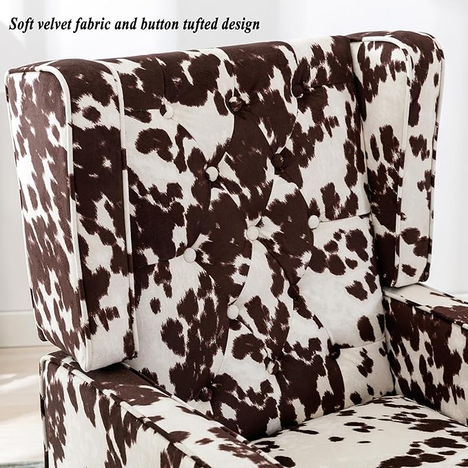 DUOMAY Tufted Accent Chair, Modern Upholstered Wingback Side Arm Chair for Living Room Bedroom with Wood Legs, Comfy Reading Guest Chair for Office, Milk Cow/Brown-Ruum Studio Home