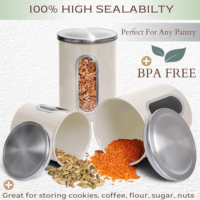 Moss & Stone 3-Piece Beige Canisters Sets For The Kitchen, Airtight Canister Set With See Through Window, Storage Jars for Coffee Container, Tea Organizer & Sugar Canister, Beige Kitchen Canisters-Ruum Studio Home