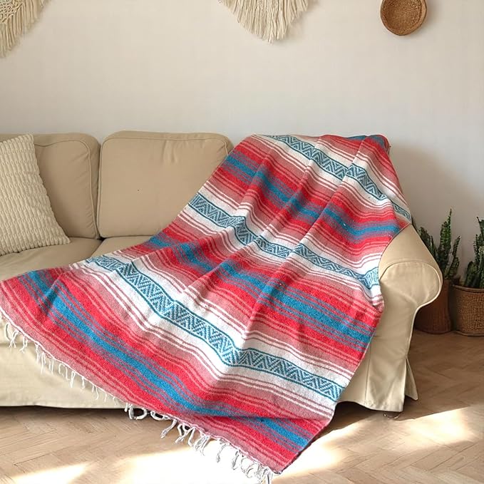 Traditional Handwoven Mexican Blanket, Large Falsa Serape - Soft & Durable - Vibrant Beach, Picnic, Yoga & Camping Mat - Lightweight Boho Throw 70"x50" (Flame)-Ruum Studio Home