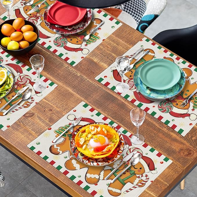 Gingerbread Man Christmas Placemats Set of 4 Candy Cane Xmas Seasonal Holiday Linen Table Mats Red Green Orange Winter Washable Place Mats for Party Kitchen Dining Outdoor Indoor Decor-Ruum Studio Home