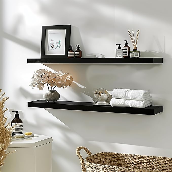 48 Inch Floating Shelves for Wall Rustic Black Wood Wall Shelves for Bedroom Set of 4-Ruum Studio Home