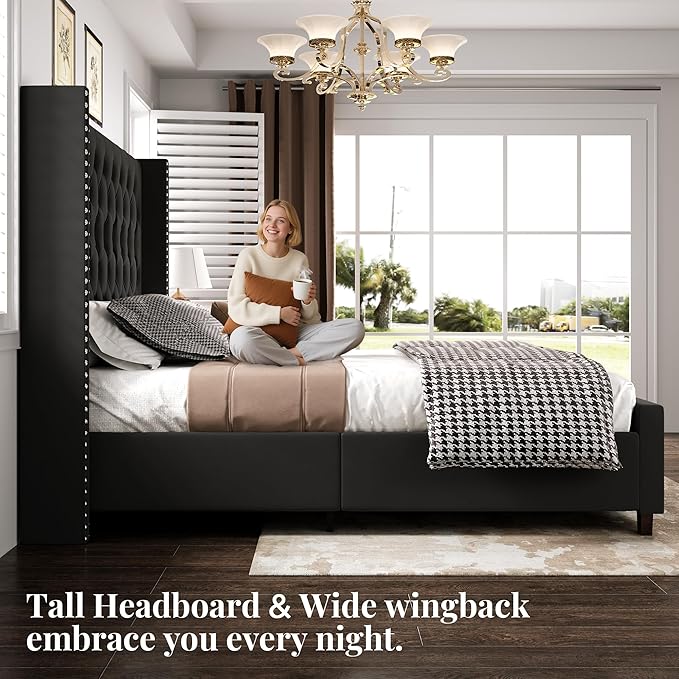 PaPaJet King Size Bed Frame with 61.4" Tall Headboard, Velvet Modern Upholstered Tufted Bed for Adults, Handmade Deep Button Tufting, Solid Wood Legs, No Box Spring Required, Black-Ruum Studio Home