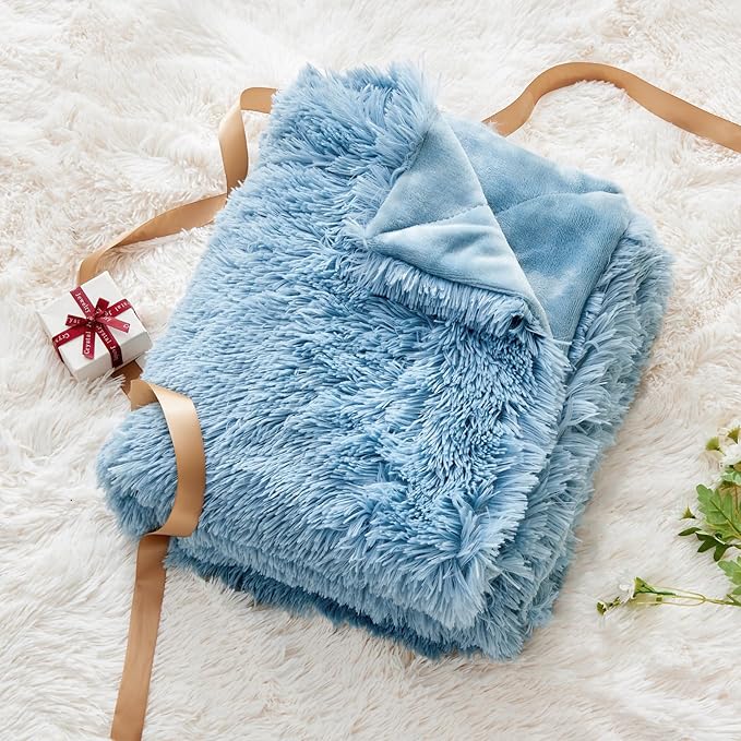 GONAAP Fuzzy Faux Fur Throw Blanket Twin Size Light Blue Super Soft Cozy Plush Fuzzy Shaggy Blanket for Couch Sofa Bed (Light Blue, Twin(60"x80"))-Ruum Studio Home