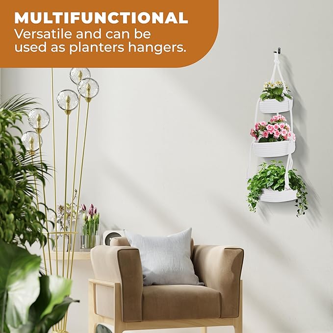 REGAL TRUNK Hanging Fruit Baskets for Kitchen - 3 tiers Fruit Baskets Hanger - Macrame Fruit Hammock - White Boho Wall Decor - Produce and Vegetable Tiered Storage Holder - 3x10x27.5 in-Ruum Studio Home