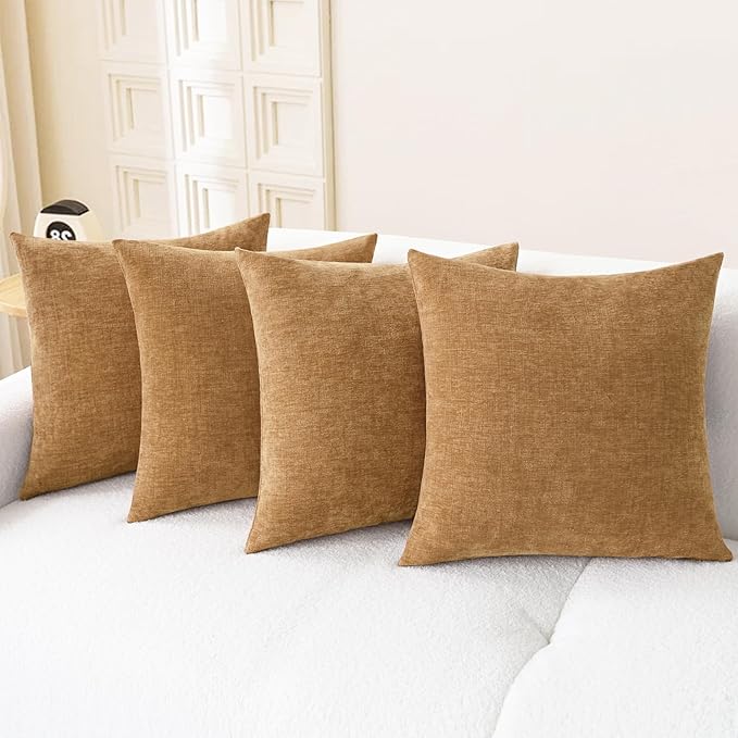 CaliTime Throw Pillow Covers Decorative 18 X 18 Inches Pack of 4 Cozy Chenille Cushion Cases for Couch Sofa Bed Living Room Home Apricot Brown-Ruum Studio Home