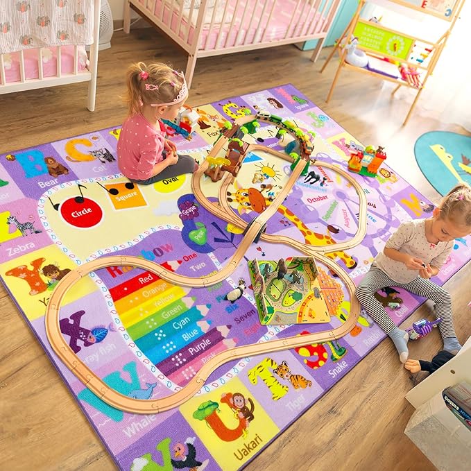 Kids Rugs for Playroom Bedroom Classroom Nursery, Non-Slip and Washable Rugs for Children Toddlers Girls, Educational and Fun Rug Carpets with ABC Alphabet Animals Shapes, 3x5, Purple-Ruum Studio Home