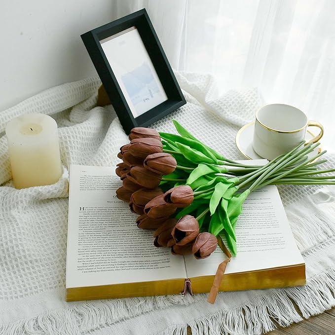 Mandy's Artificial Tulips 20 Stems Brown PU Faux Flowers for Wedding Home Decor 13.5 Inch-Ruum Studio Home