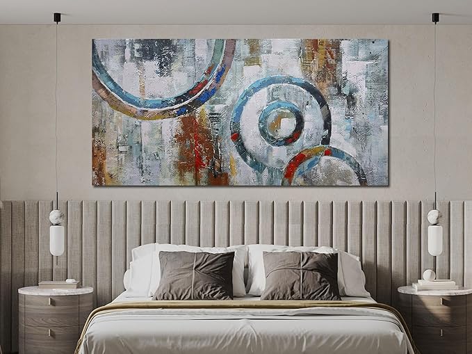 Arjun Abstract Wall Art Geometric Canvas Circle Block Painting Modern Grey Brown Picture Simple Textured Artwork Framed for Bedroom Living Room Home Office Wall Décor, Extra Large 58"x29"-Ruum Studio Home