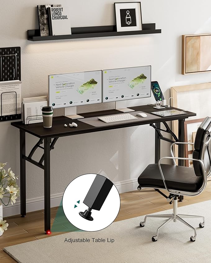 Frylr Small Folding Computer Desk – 55.1 Inch Portable Table for Craft and Study, Lightweight Desk for Small Spaces, Foldable Laptop Table Built-in AC/USB Outlets for Convenience, Charcoal Wenge-Ruum Studio Home