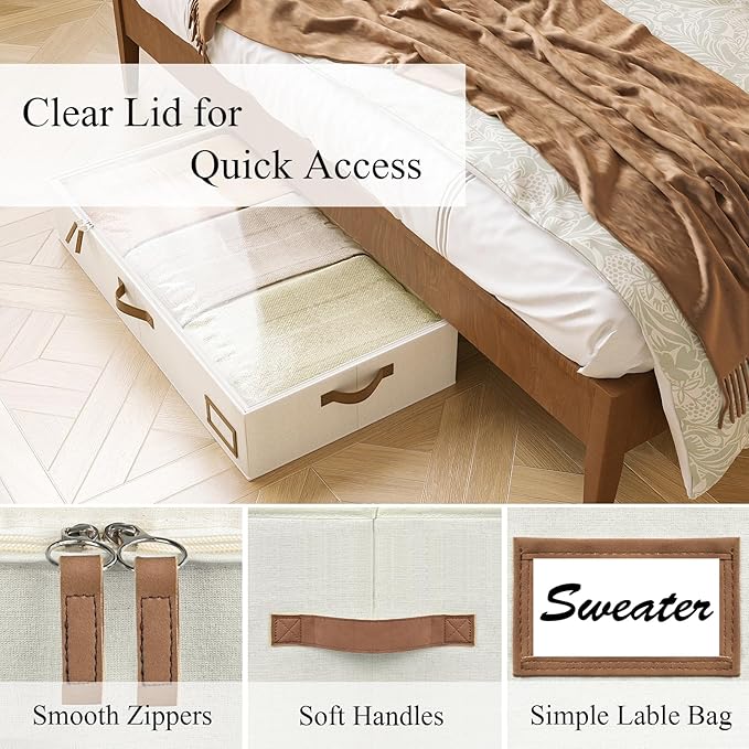 Under Bed Storage Containers, 2-Pack Underbed Storage Box, Collapsible Clothes Storage Bins with Handles and Lid, Medium Under Bed Organizers for Shoe, Blanket, Toy, Pillow, Sheet, Beige-Ruum Studio Home