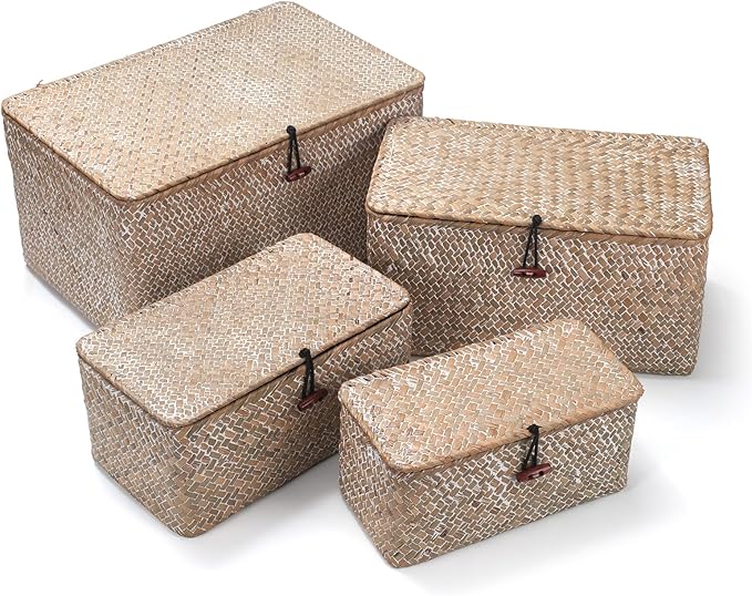 Wicker Basket with Lid, Seagrass Storage Basket, Woven Decorative Storage Baskets for Shelf Organizing, Whitewash-Ruum Studio Home