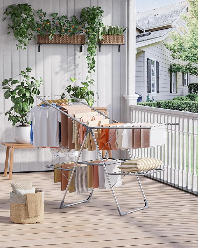 Clothes Drying Rack - Foldable Laundry Drying Rack for Clothing & Bedding, Easy-to-Assemble, Space-Saving Metal Airer with Non-Slip Feet, Indoor & Outdoor Use, 55.5"×22.8"×36.6", Gray-Ruum Studio Home